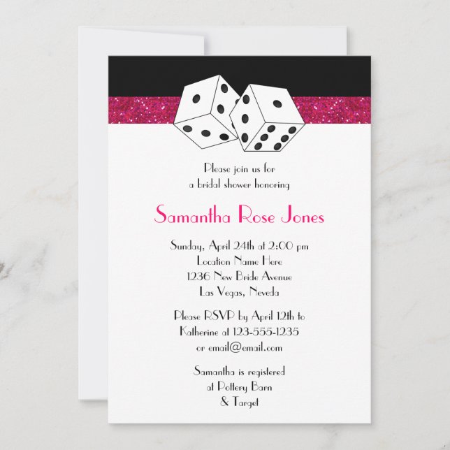 Las Vegas Wedding Bridal Shower Pink Dice Theme Invitation (Front)
