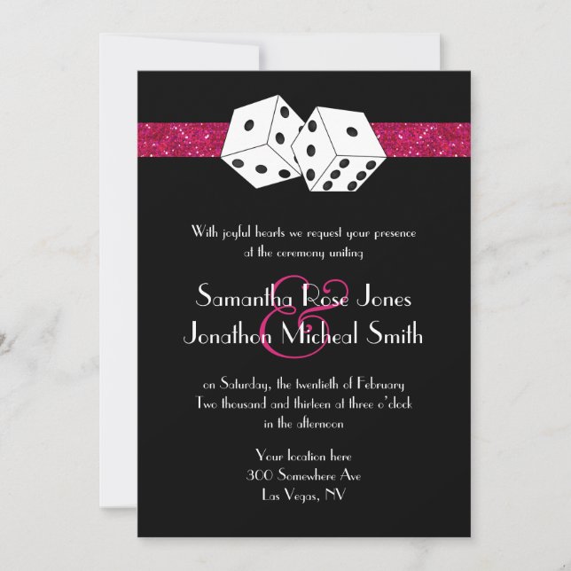 Las Vegas Wedding Dice Theme Hot Pink Faux Glitter Invitation (Front)