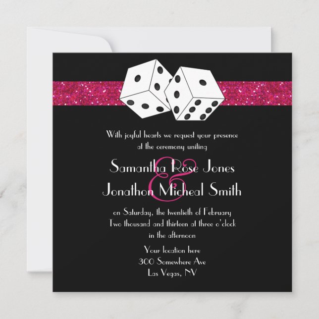 Las Vegas Wedding Dice Theme Hot Pink Faux Glitter Invitation (Front)