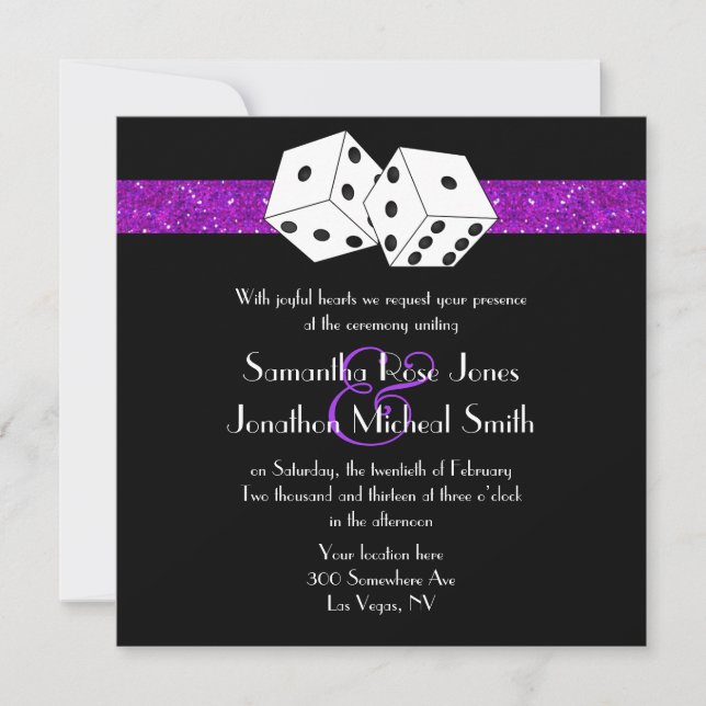 Las Vegas Wedding Dice Theme Purple Faux Glitter Invitation (Front)