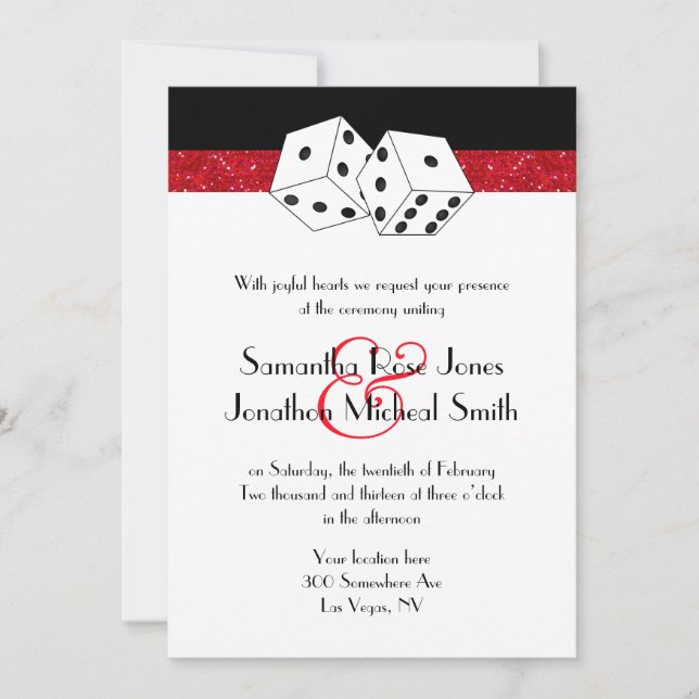 Las Vegas Wedding Dice Theme Ruby Red Faux Glitter Invitation (Front)