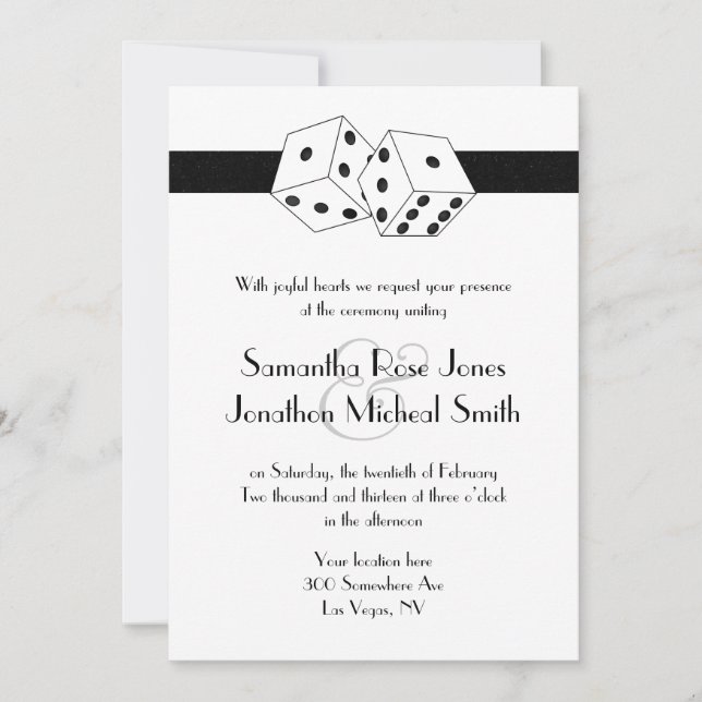 Las Vegas Wedding Dice Theme White and Black Invitation (Front)