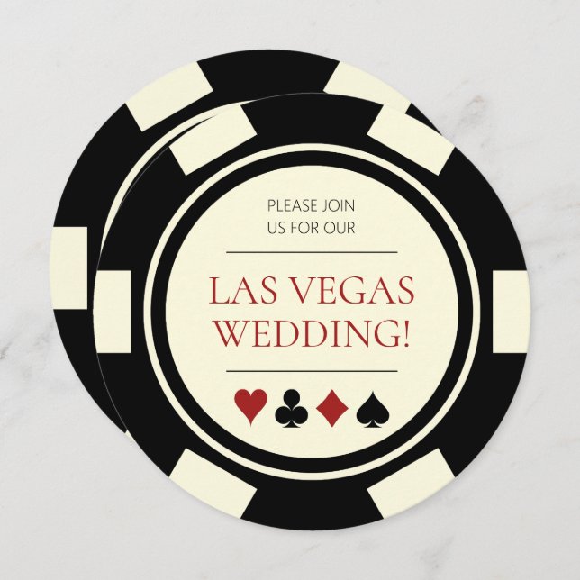 Las Vegas Wedding Poker Chip Black Cream White Invitation (Front/Back)
