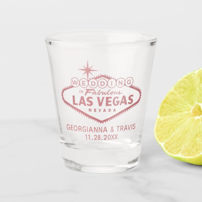 Las Vegas Wedding Rose Gold Pink Bridal Favour Shot Glass (Front)