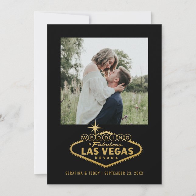 Las Vegas Wedding Sign Black Gold Photo Save The Date (Front)