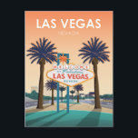 Las Vegas Welcome Sign at Sunset Vintage Travel Postcard<br><div class="desc">Retro Las Vegas Nevada vintage travel poster illustration that features a sunset view of the iconic Welcome To Fabulous Las Vegas Nevada sign surrounded by two lush palm trees. A glimpse of the well-known Las Vegas strip can also be viewed in the background. This vintage design will bring back memories...</div>