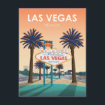 Las Vegas Welcome Sign at Sunset Vintage Travel Postcard<br><div class="desc">Retro Las Vegas Nevada vintage travel poster illustration that features a sunset view of the iconic Welcome To Fabulous Las Vegas Nevada sign surrounded by two lush palm trees. A glimpse of the well-known Las Vegas strip can also be viewed in the background. This vintage design will bring back memories...</div>