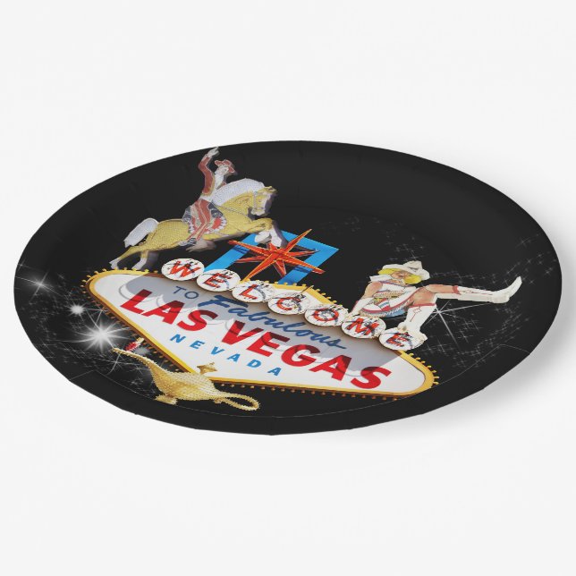 Las Vegas Welcome Sign On Starry Background Paper Plate (Angled)