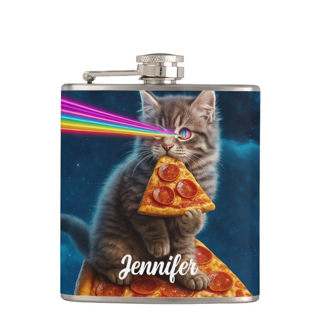Laser Cat Pizza Party                              Hip Flask (Front)