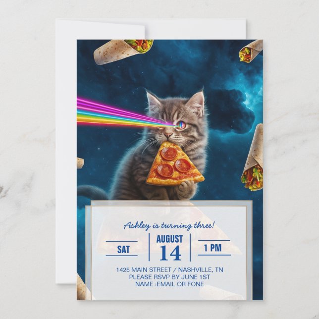 Laser Cat Pizza Party                              Invitation (Front)