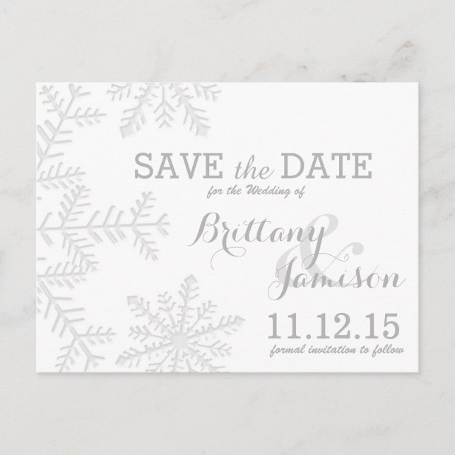 Laser-Cut Silver Snowflakes Winter Save the Date Announcement Postcard (Front)
