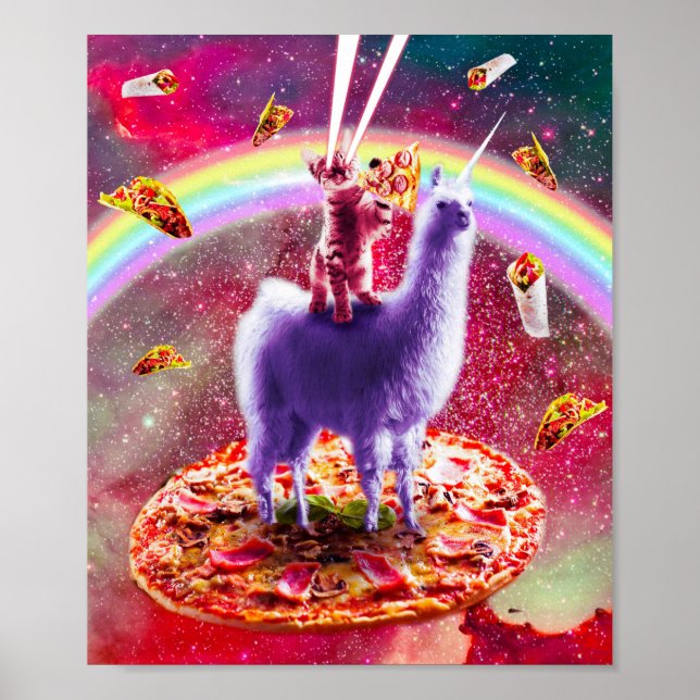 Laser Eyes Outer Space Cat Riding On Llama Unicorn Poster (Front)
