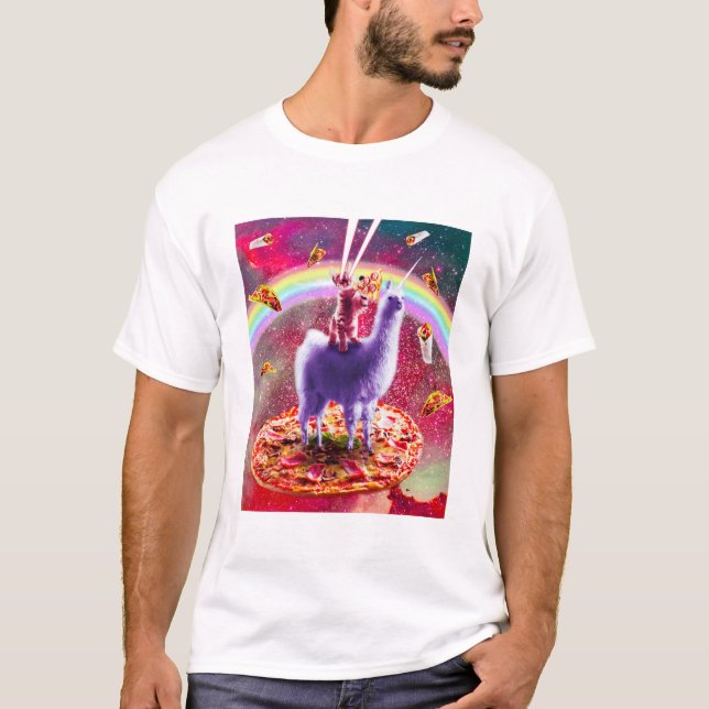 Laser Eyes Outer Space Cat Riding On Llama Unicorn T-Shirt (Front)