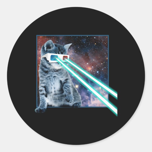 Laser Eyes Space Cat Kitty 3D Glasses Classic Round Sticker (Front)