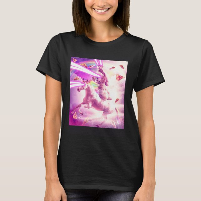 Laser Eyes Space Cat Riding Dog Unicorn  Rainbow T-Shirt (Front)
