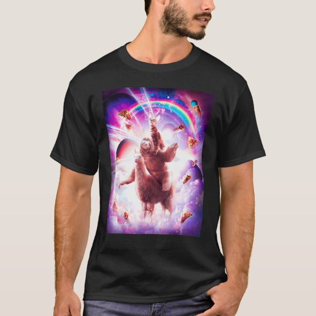 Laser Eyes Space Cat Riding Sloth Blade  Rainbow T-Shirt (Front)