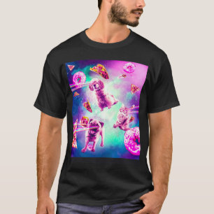 Laser Eyes Space Cat With Dog Pug  Rainbow T-Shirt