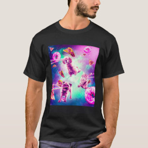 Laser Eyes Space Cat With Dog Pug  Rainbow T-Shirt