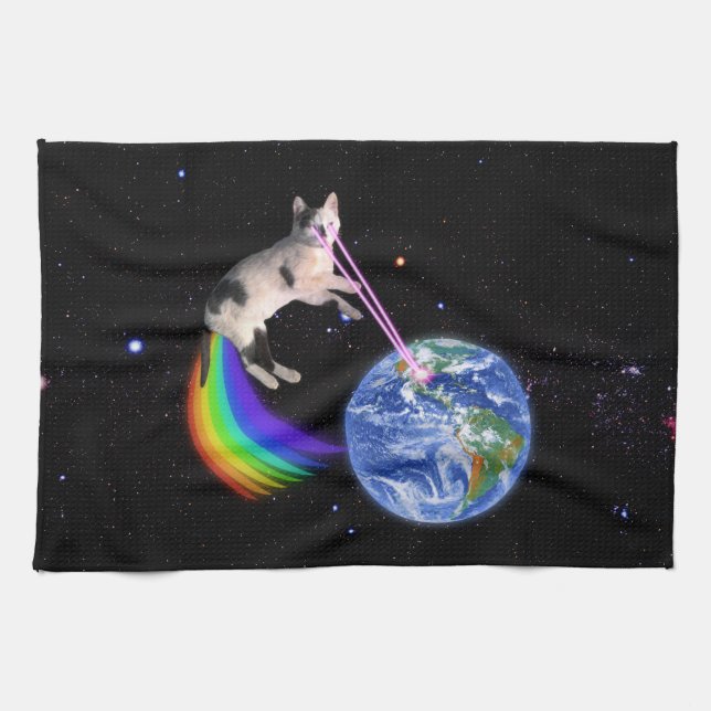 Laser Rainbow Space Cat Tea Towel (Horizontal)