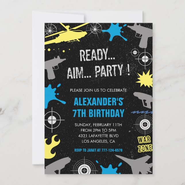 Laser tag birthday invitations boy kids gun war  (Front)