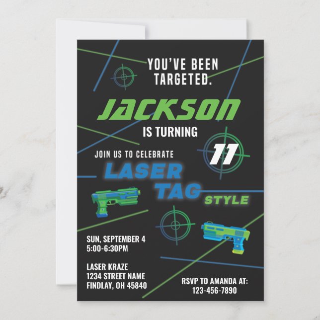 Laser Tag Blue and Green Birthday Party Invitation (Front)