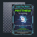 Laser Tag Boy Birthday Party Invitation Green Blue<br><div class="desc">[All text are editable]
Get this fun design now!
Occasion: Birthday Party for kid,  teen,  or adult.
Theme: Laser Tag Party.
Style: Fun,  Cyber,  Colourful,  Futurism.
Colours: Blue,  Green,  Black,  White.
Graphics: Cyber Panel,  sniper target shooter view.</div>