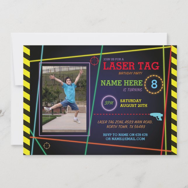 Laser Tag Photo Birthday Neon Invitation (Front)