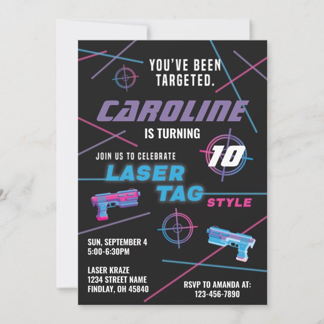 Laser Tag Pink Purple Blue Birthday Party Invitation (Front)