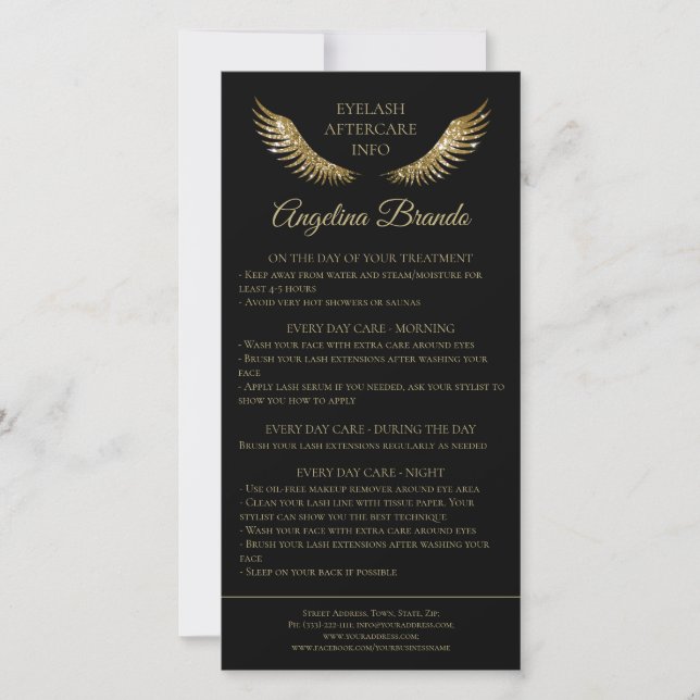 Lash Aftercare Info Gold Glitter Wings Black Thank You Card (Front)