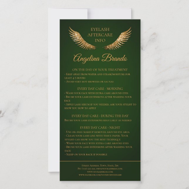 Lash Aftercare Info Gold Glitter Wings Green Thank You Card (Front)