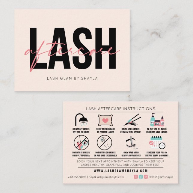 Lash Aftercare Instructions - Eyelash Extensions  Business Card (Front/Back)