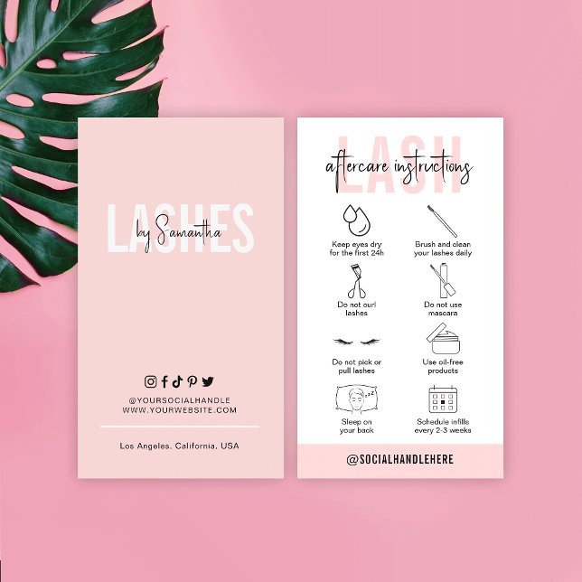 Lash Aftercare Instructions Feminine Pink Modern Business Card (Creator Uploaded)