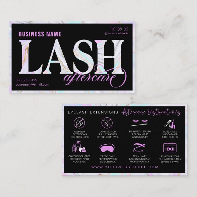 Lash Aftercare Instructions Fuchsia Marbled Swirl  Business Card (Front/Back)