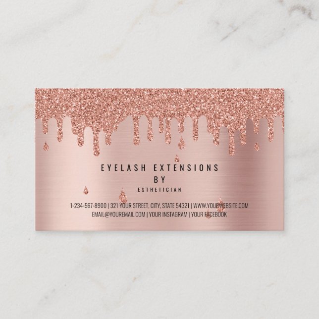 Lash Aftercare Instructions Rose Pink Gold Glitter Business Card (Front)
