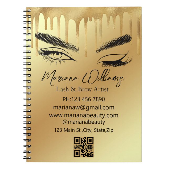  lash and brow artist qr code gold small business notebook (Front)