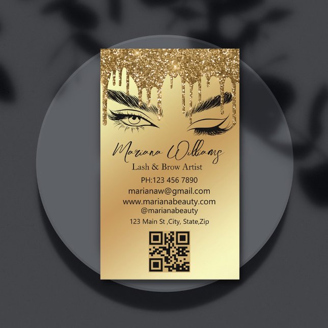  lash and brow artist qr code golden dripping  business card (Creator Uploaded)