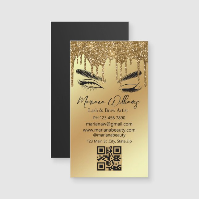  lash and brow qr code golden business magnet (Front/Back)