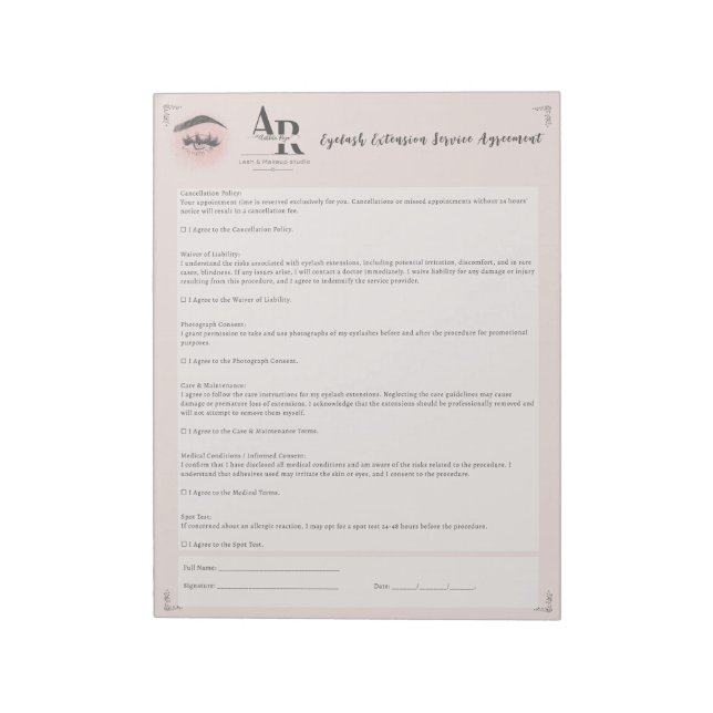Lash and Makeup Eyelash Extension Liability Waiver Notepad (Rotated)