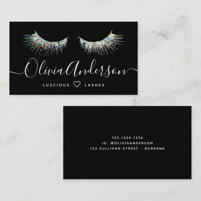 Lash Artist Black Holographic Glitter Business Card (Front/Back)