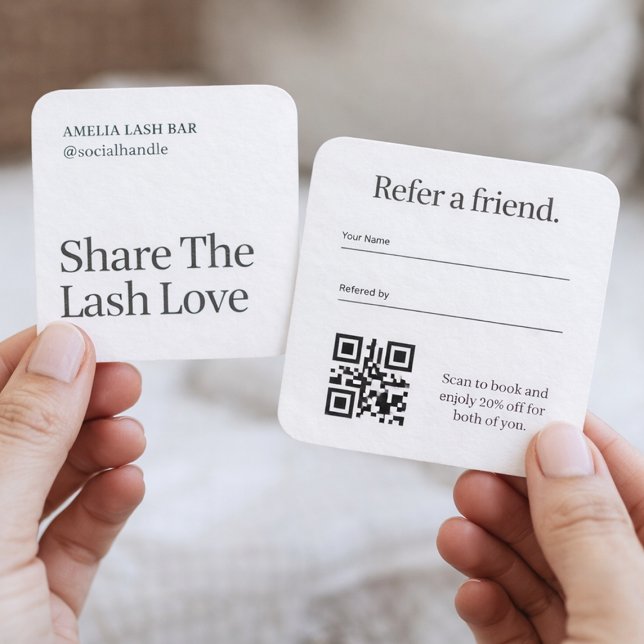 Lash Bar Client Referral QR Code Card (Minimalist lash artist referral card with QR code)