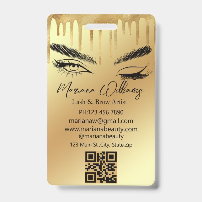 lash & brow artist qr code gold dripping business  ID badge (Front)