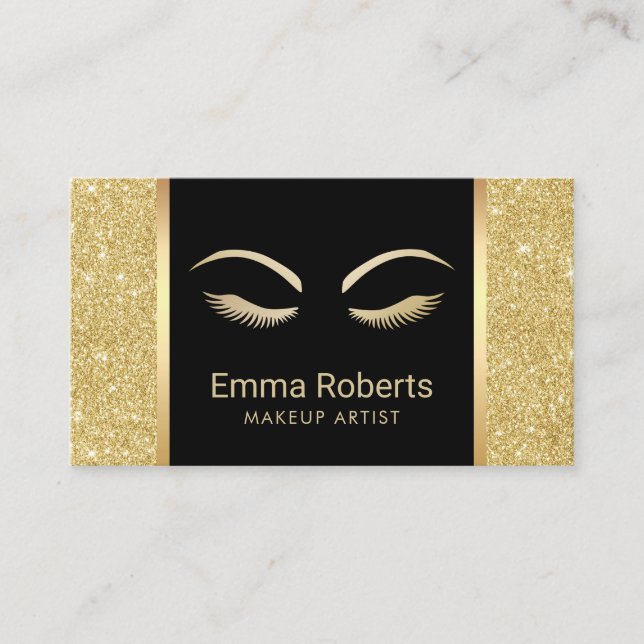 Lash & Brow Makeup Artist Gold Glitter Appointment Card (Front)