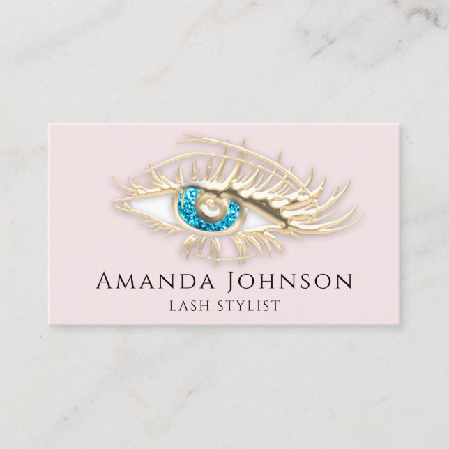Lash Brows Makeup Logo Blue Eye QrCode Pink Gold Business Card (Front)