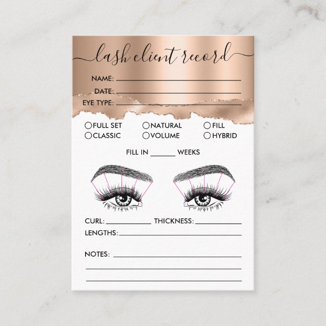Lash Client Record Add Logo Rose Gold Tear Business Card (Front)