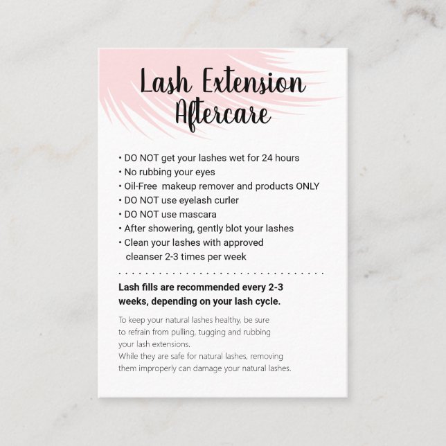 Lash extension aftercare instructions appointment card (Front)