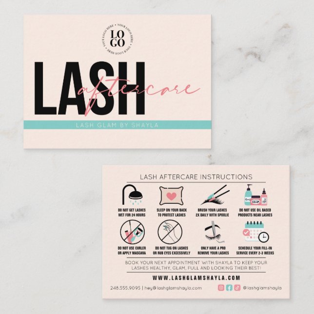Lash Extensions Aftercare Instruction Care Cards (Front/Back)