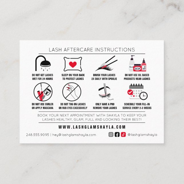 Lash Extensions Aftercare Instructions Appointment Business Card (Back)