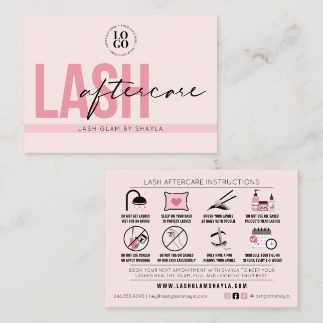 Lash Extensions Aftercare Instructions Appointment Business Card (Front/Back)