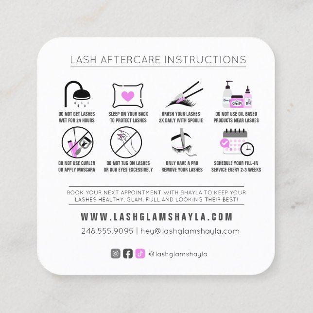 Lash Extensions Aftercare Instructions Fuchsia Squ Square Business Card (Back)