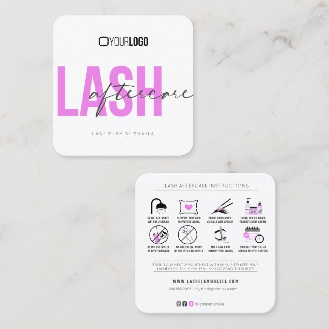 Lash Extensions Aftercare Instructions Fuchsia Square Business Card (Front/Back)